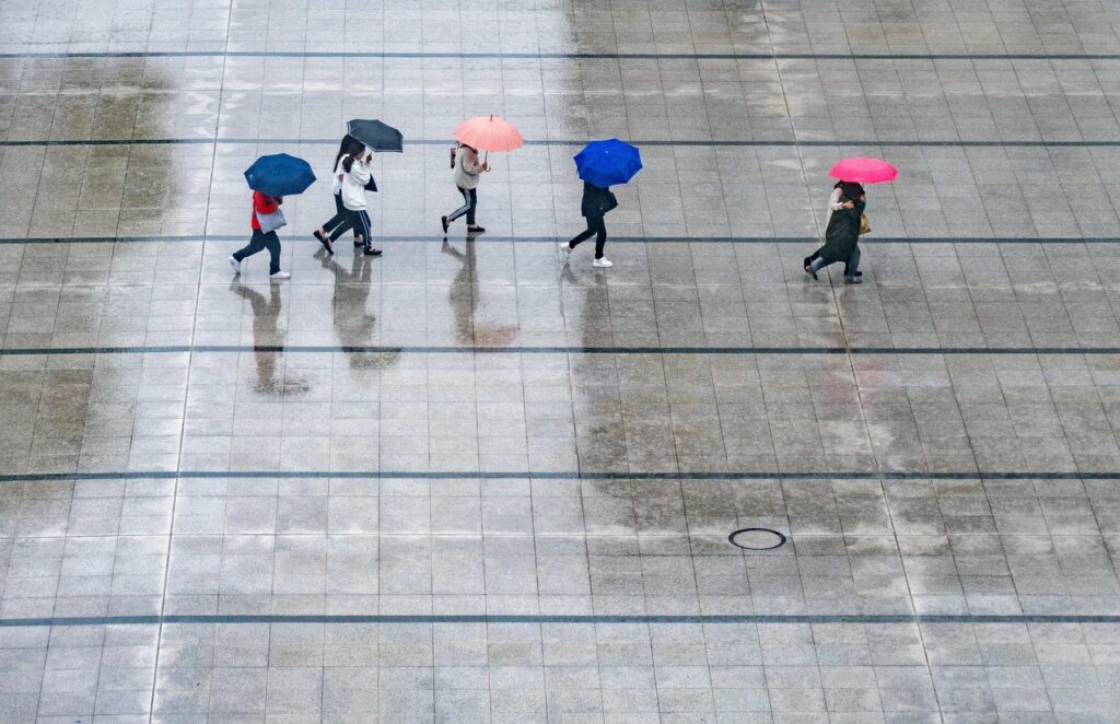 rain, people, umbrellas, nature, wet, weather, thunderstorm